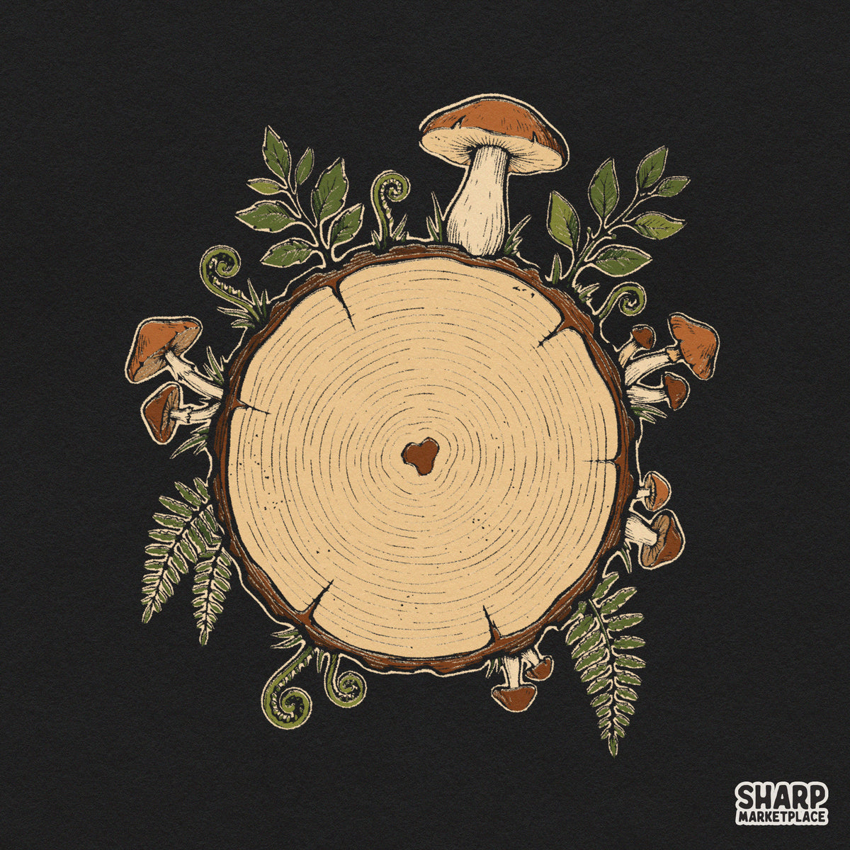 Heart shaped tree rings with woodland mushrooms and ferns in a vintage cottagecore style PNG design for fall decor