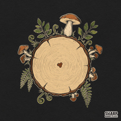 Heart shaped tree rings with woodland mushrooms and ferns in a vintage cottagecore style PNG design for fall decor