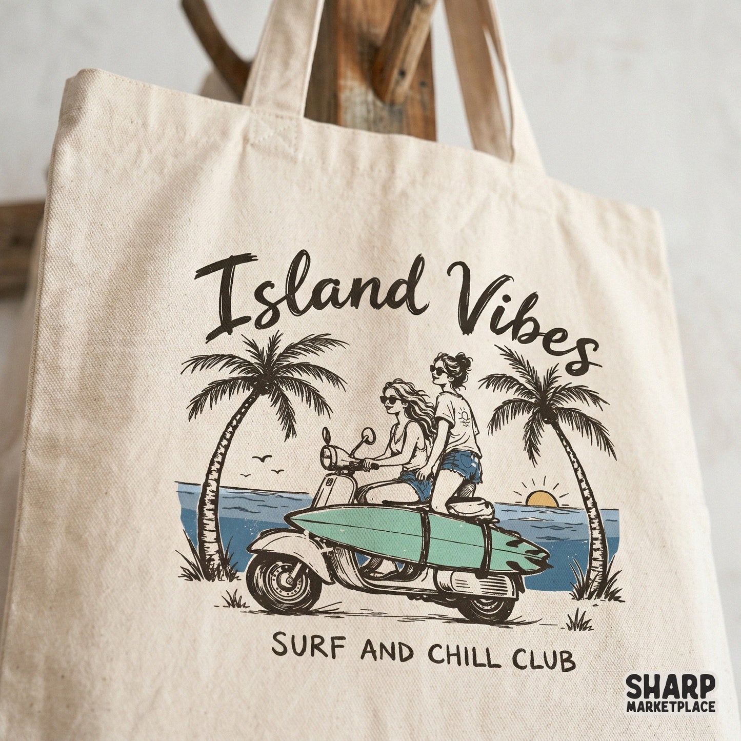 Hand-drawn tropical scooter illustration with a teal surfboard, suitable for print-on-demand summer apparel and sublimation projects.