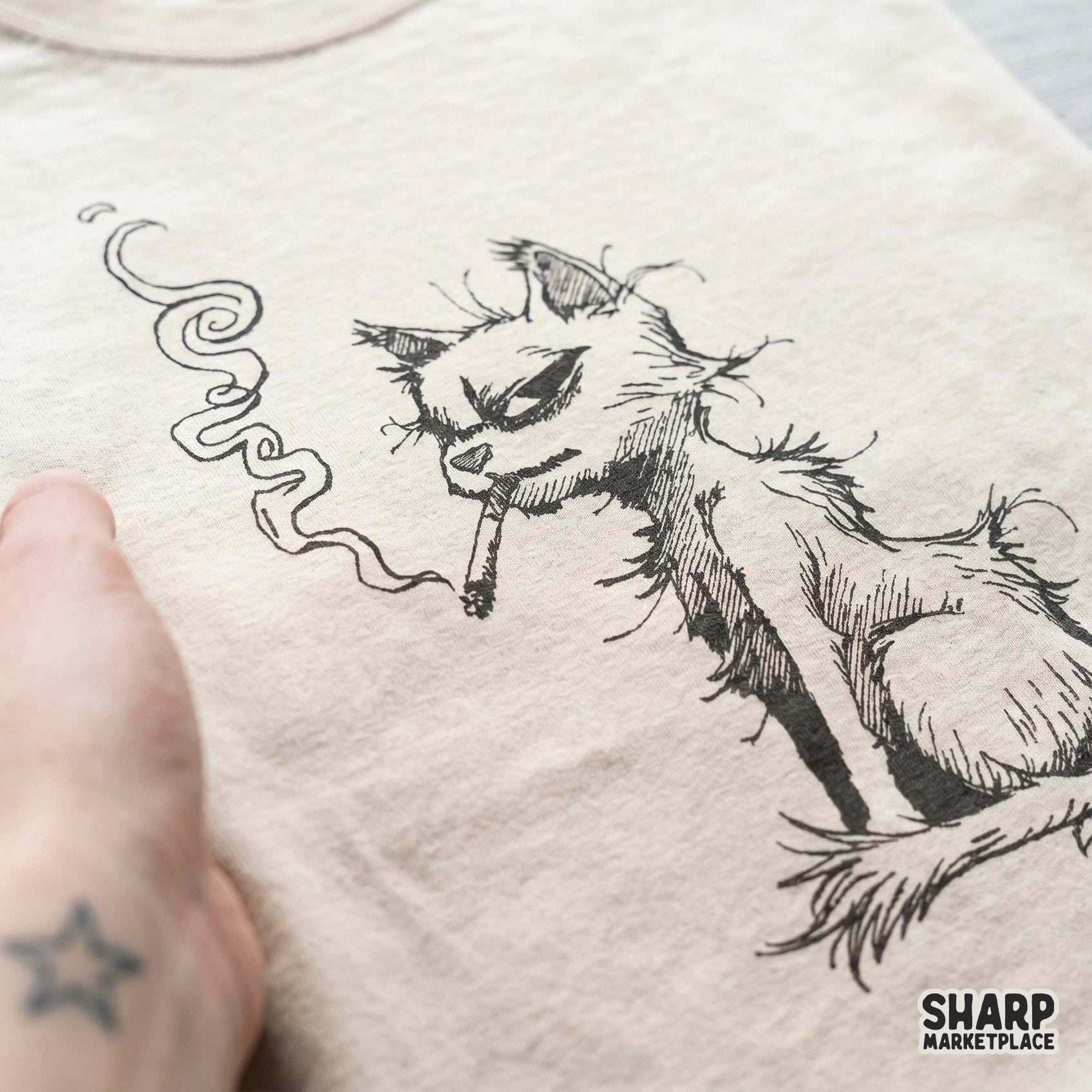 Funny sarcastic animal meme featuring a scruffy cat smoking a cigarette in a retro vintage graphic style