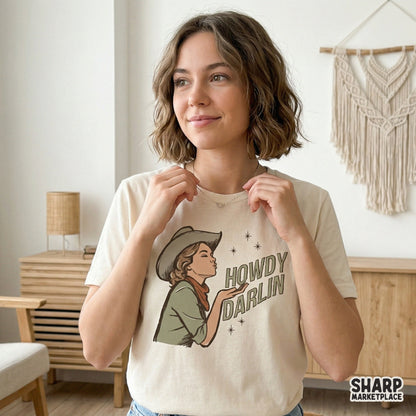 Vintage style cowgirl graphic with Howdy Darlin text, perfect for sublimation, t-shirt prints, stickers, and western-themed DIY craft projects.