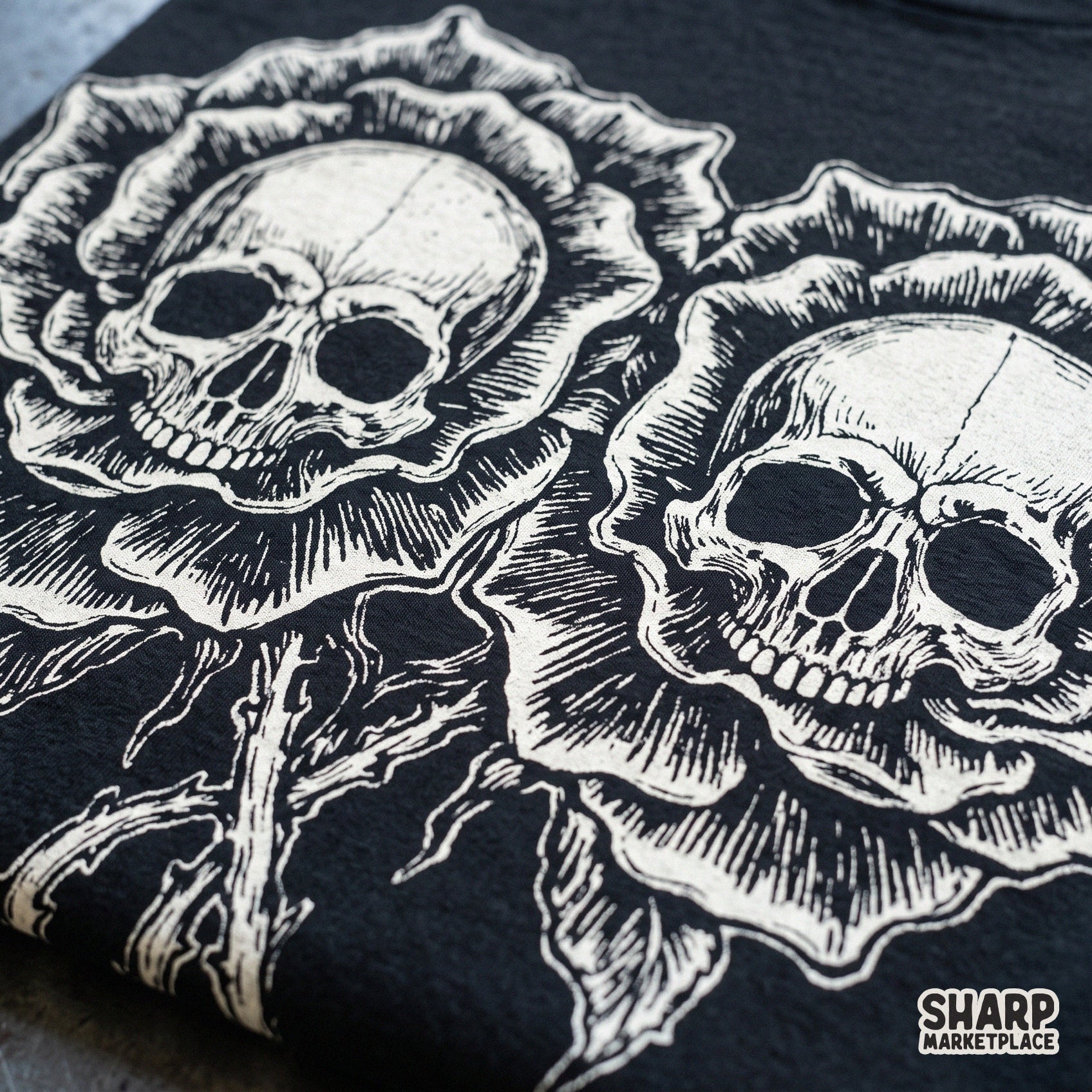 Gothic twin skulls in blooming rose flowers tattoo art style for dtf png t-shirt printing sublimation and dark home decor
