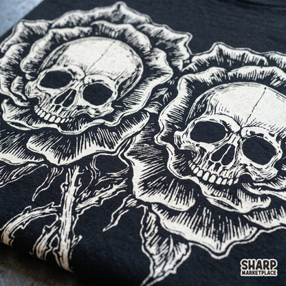 Gothic twin skulls in blooming rose flowers tattoo art style for dtf png t-shirt printing sublimation and dark home decor