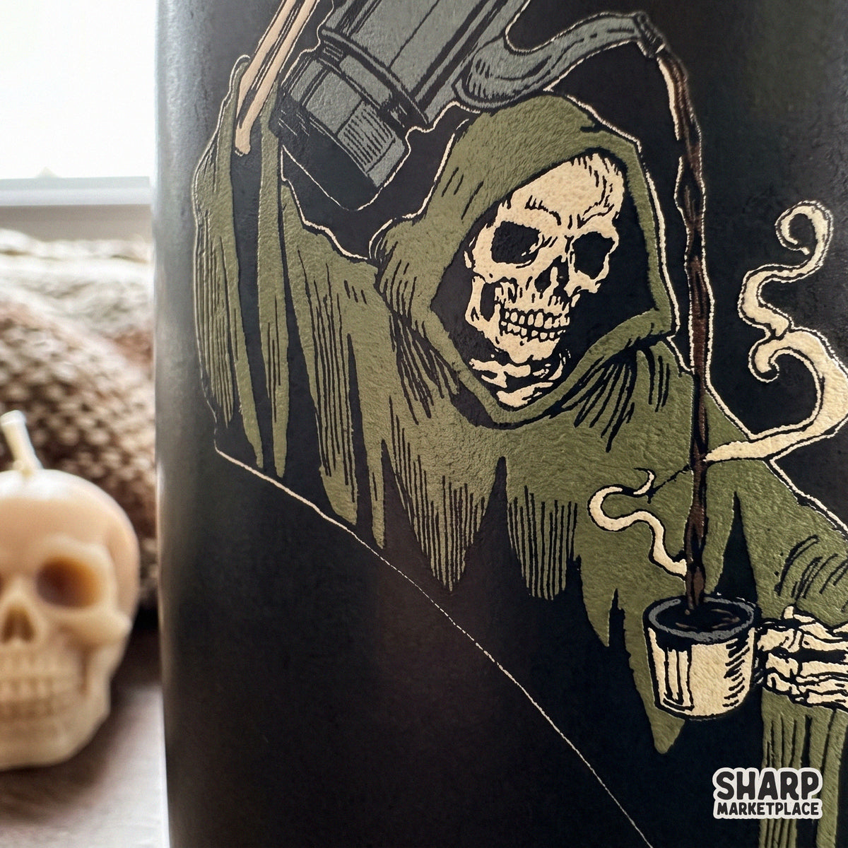 Retro Grim Reaper skeleton pouring French press coffee graphic for funny Halloween apparel and shirt designs