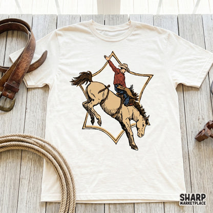 Retro rodeo cowboy on bucking horse with sheriff star border western png for trendy country music t-shirt designs