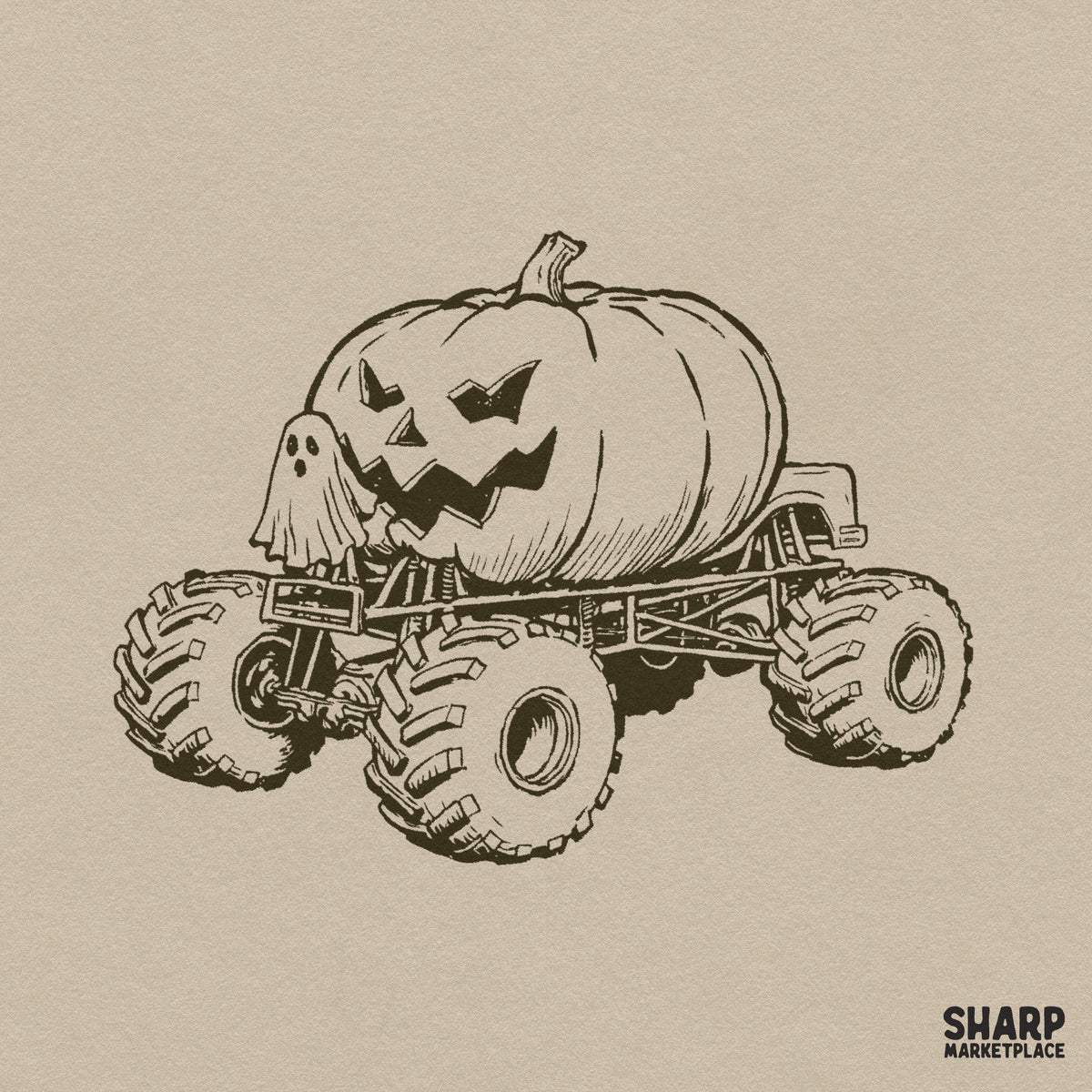 Spooky monster truck carrying a giant jack o lantern with a ghost driver, cute retro halloween png for boys apparel