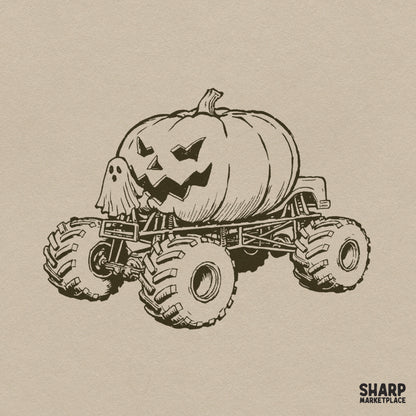 Spooky monster truck carrying a giant jack o lantern with a ghost driver, cute retro halloween png for boys apparel