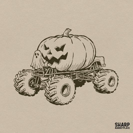 Spooky monster truck carrying a giant jack o lantern with a ghost driver, cute retro halloween png for boys apparel