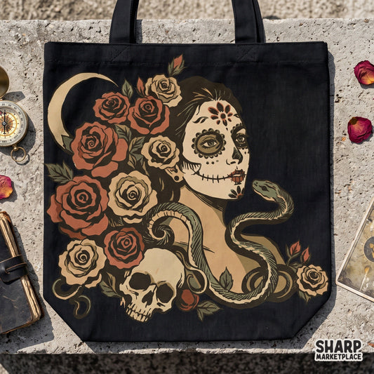 Sugar skull woman with roses and snake gothic sublimation design for Halloween sublimation shirts