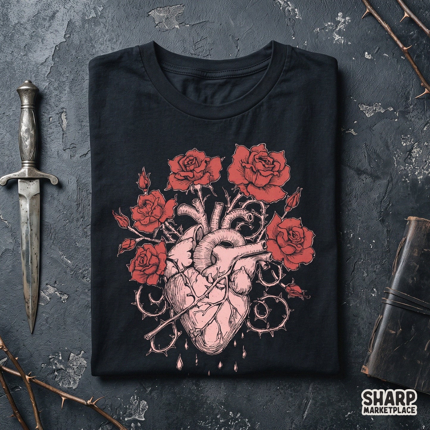 Anatomical bleeding heart with thorny roses in a gothic romance tattoo style Valentine png design for t-shirts