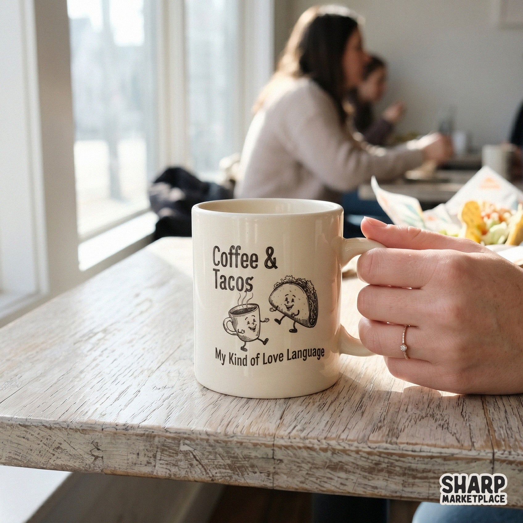 Sublimation design featuring a whimsical coffee and taco duo in a distressed vintage style perfect for custom foodie themed t-shirts and apparel.