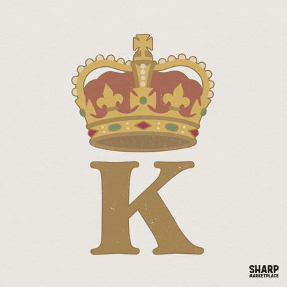 Regal letter K monogram with a detailed golden crown featuring red and green jewels, presented as a vintage-style digital design on a light background.