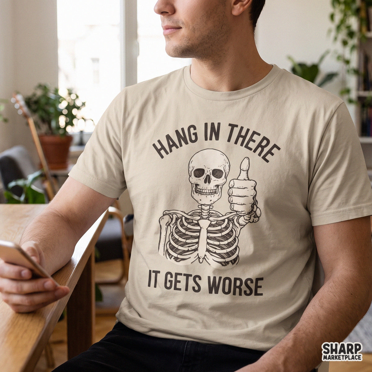 Sarcastic retro skull PNG graphic featuring a skeleton giving a thumbs up with a funny quote for t-shirts