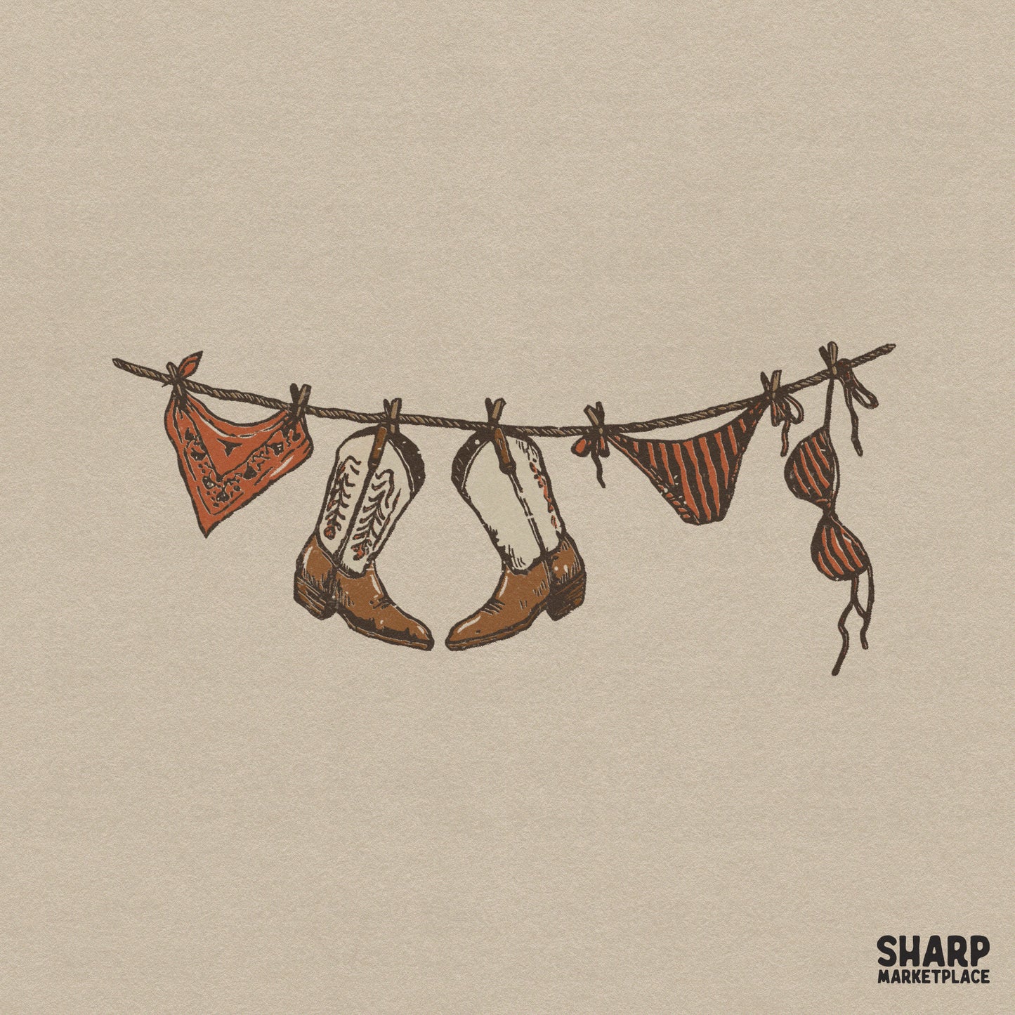 Hand-drawn western clothesline illustration featuring cowgirl boots, a bandana, and a striped bikini in earth tones for sublimation and apparel.