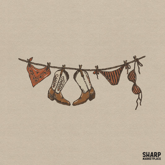 Hand-drawn western clothesline illustration featuring cowgirl boots, a bandana, and a striped bikini in earth tones for sublimation and apparel.