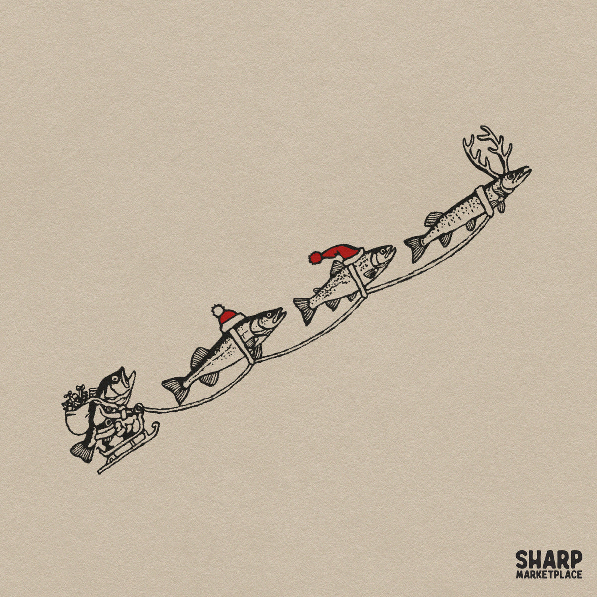 Funny Christmas fishing PNG featuring Santa in a bass sleigh pulled by flying trout for holiday shirts and gifts