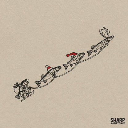 Funny Christmas fishing PNG featuring Santa in a bass sleigh pulled by flying trout for holiday shirts and gifts