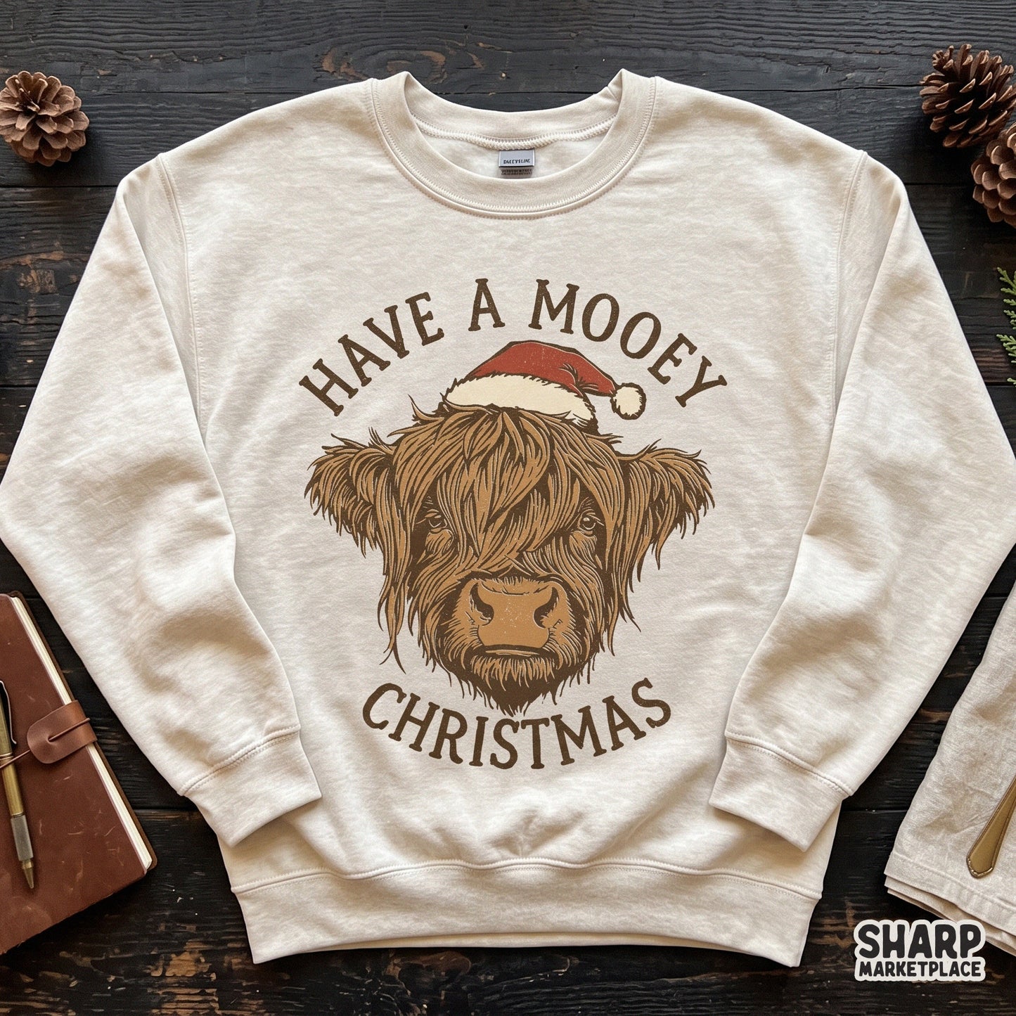 Retro highland cow wearing a Santa hat for funny Christmas sublimation shirt designs and holiday decor