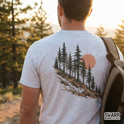Retro nature-inspired artwork featuring towering pine trees and a clay-toned sun, ideal for DIY sublimation projects, tumblers, and rustic apparel.