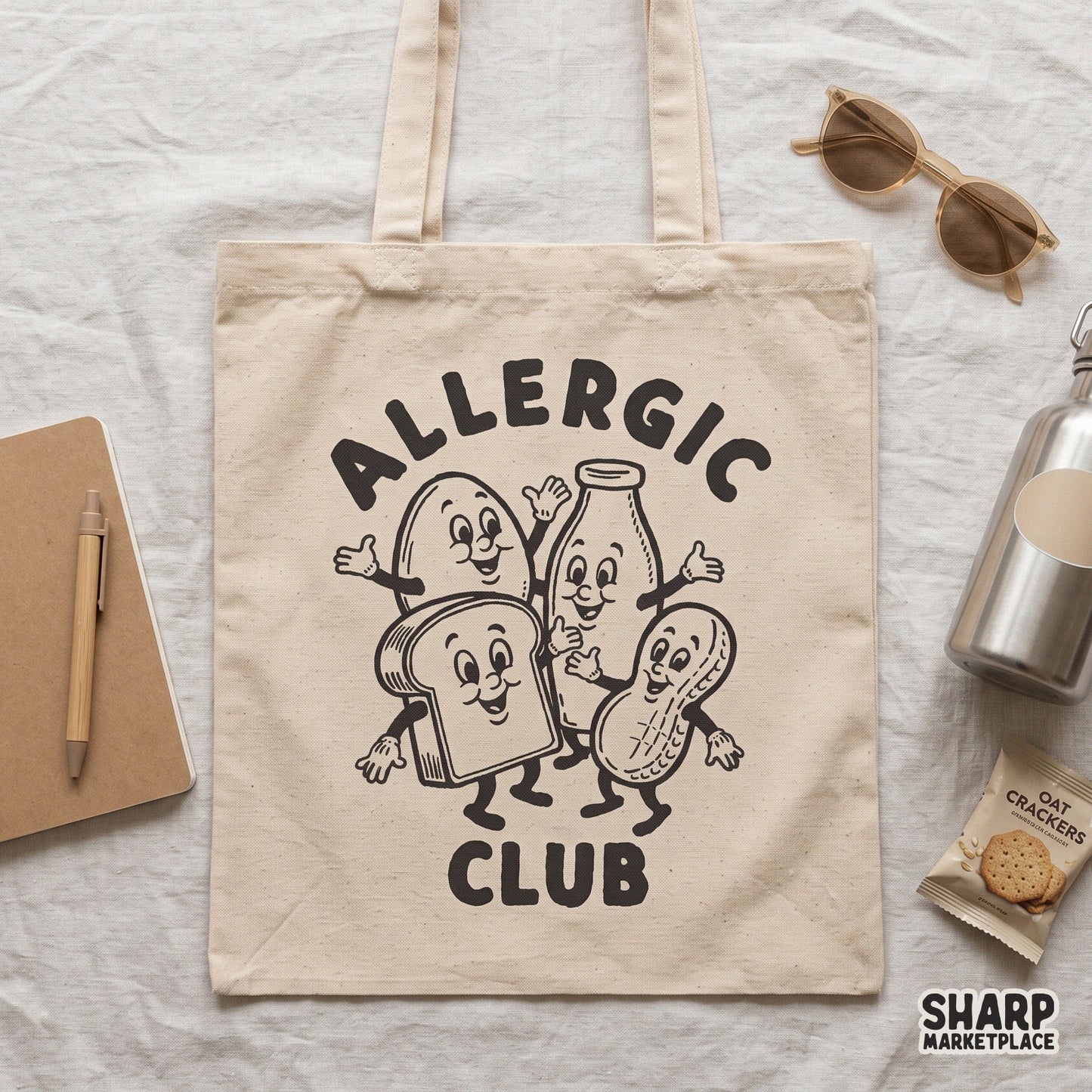 Retro food mascot illustration for the Allergic Club featuring funny dairy and peanut free allergy awareness for kids shirts