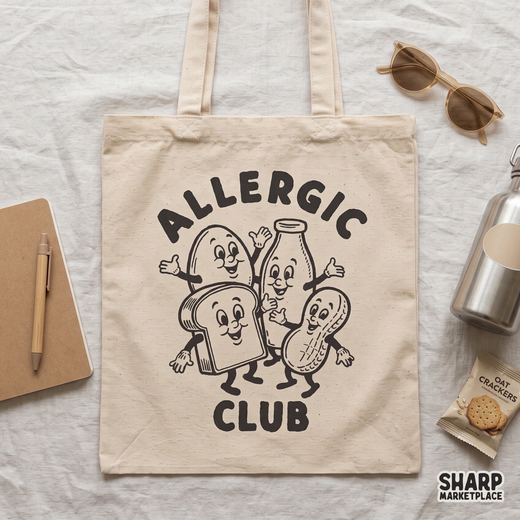 Retro food mascot illustration for the Allergic Club featuring funny dairy and peanut free allergy awareness for kids shirts