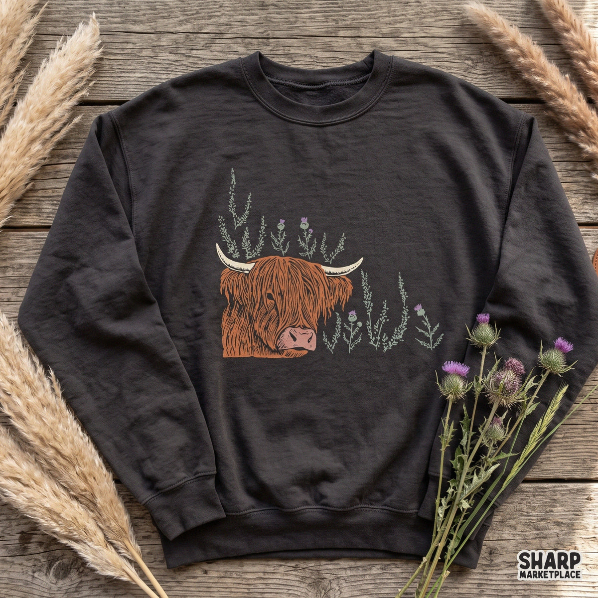 Scottish highland cow with purple thistles vintage western graphic design for sublimation and print on demand