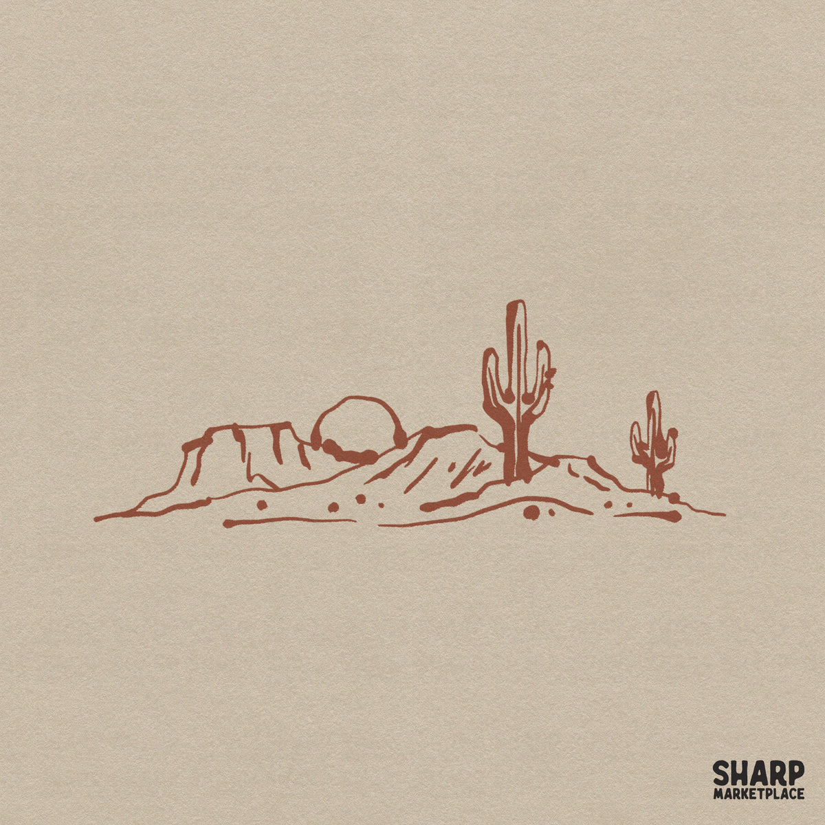 Minimalist desert landscape digital design featuring a hand-drawn mesa scene with two saguaro cacti and a setting sun in rustic red line art style.