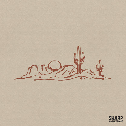 Minimalist desert landscape digital design featuring a hand-drawn mesa scene with two saguaro cacti and a setting sun in rustic red line art style.