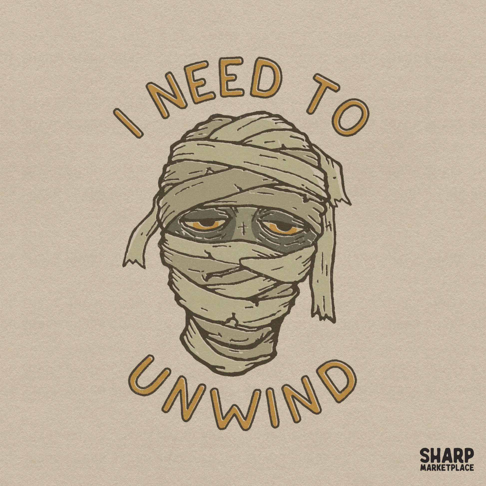 Sarcastic retro Halloween png featuring a tired spooky mummy needing to unwind for shirts and sublimation designs