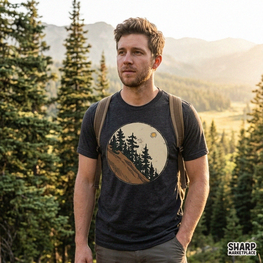 Vintage retro circle graphic featuring pine trees and rocky slope for camping lake life shirt sublimation design