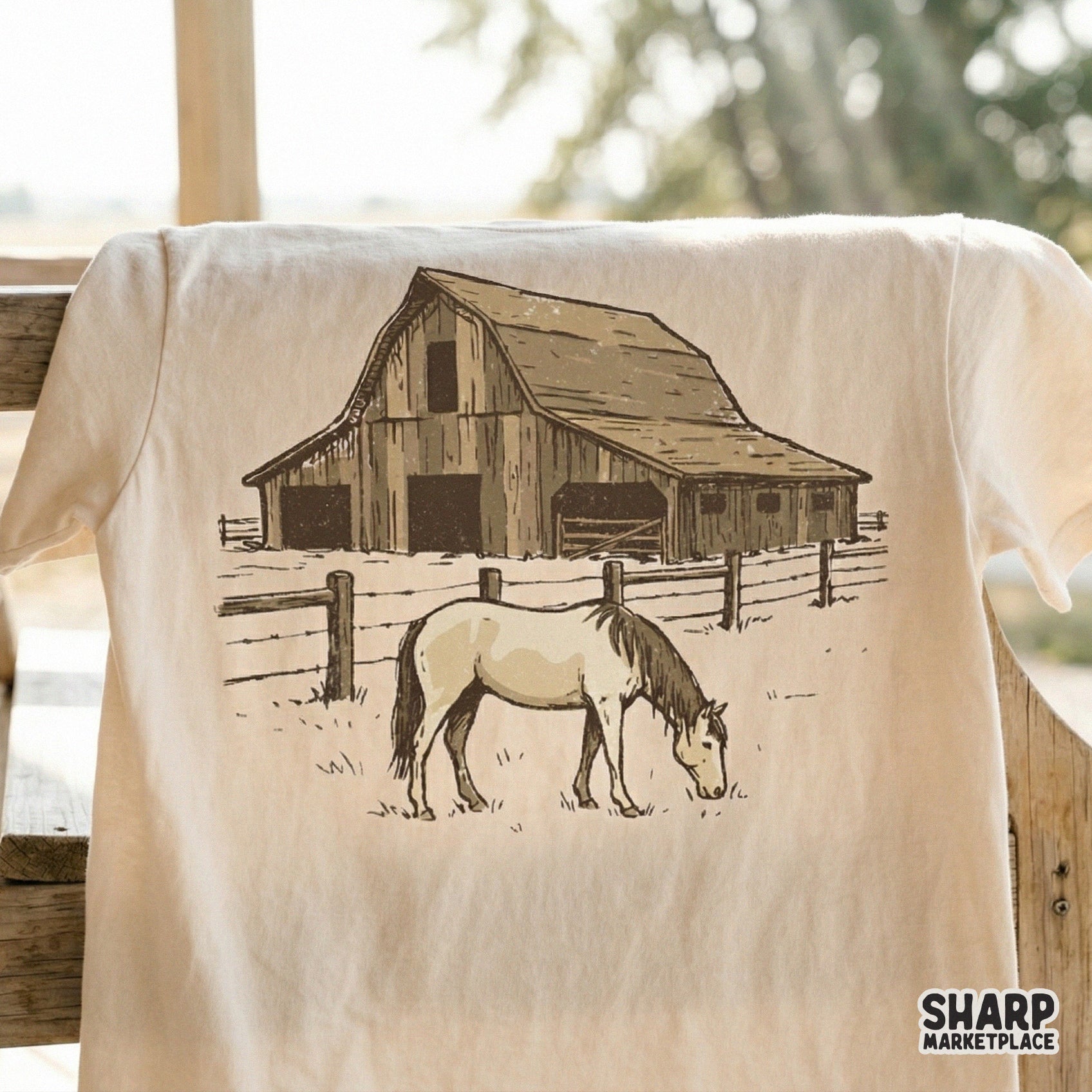 Vintage-style western ranch scene featuring a barn and horse, designed for high-quality sublimation printing on apparel and tumblers.