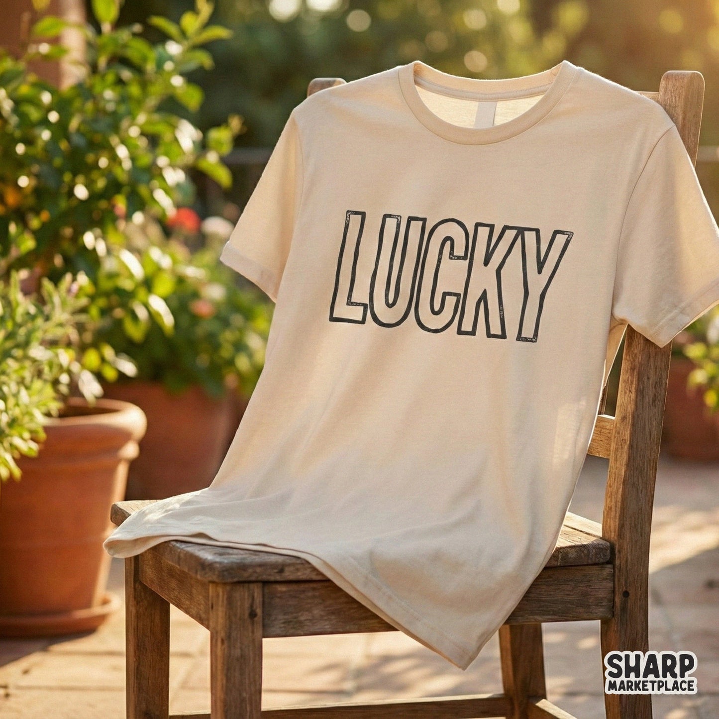 Minimalist Lucky typography design with a distressed, hand-drawn aesthetic, suitable for festive St. Patrick's Day print-on-demand projects and DIY gifts.
