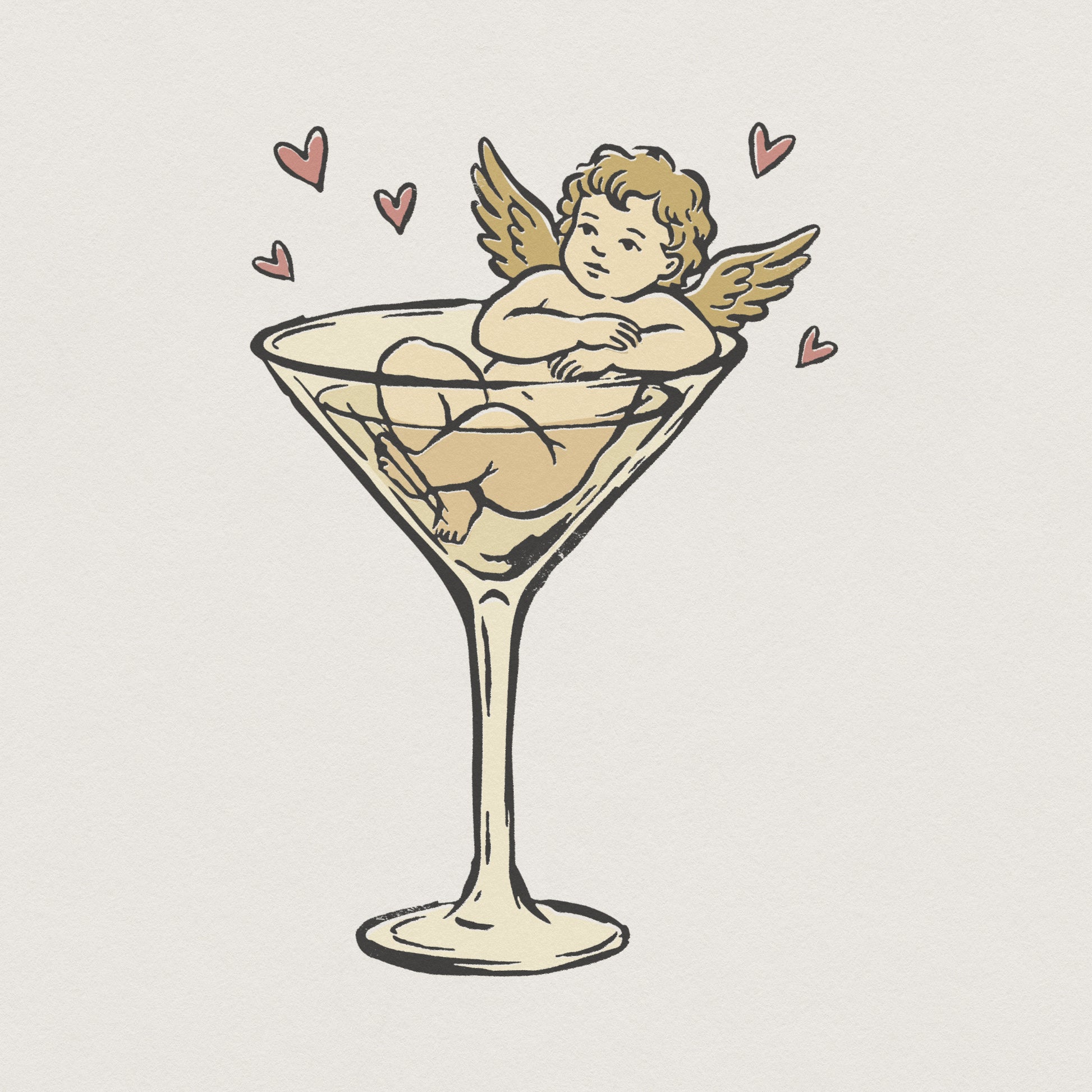 Vintage Cupid in Martini Glass PNG, Romantic Angel Art Print - 300 DPI