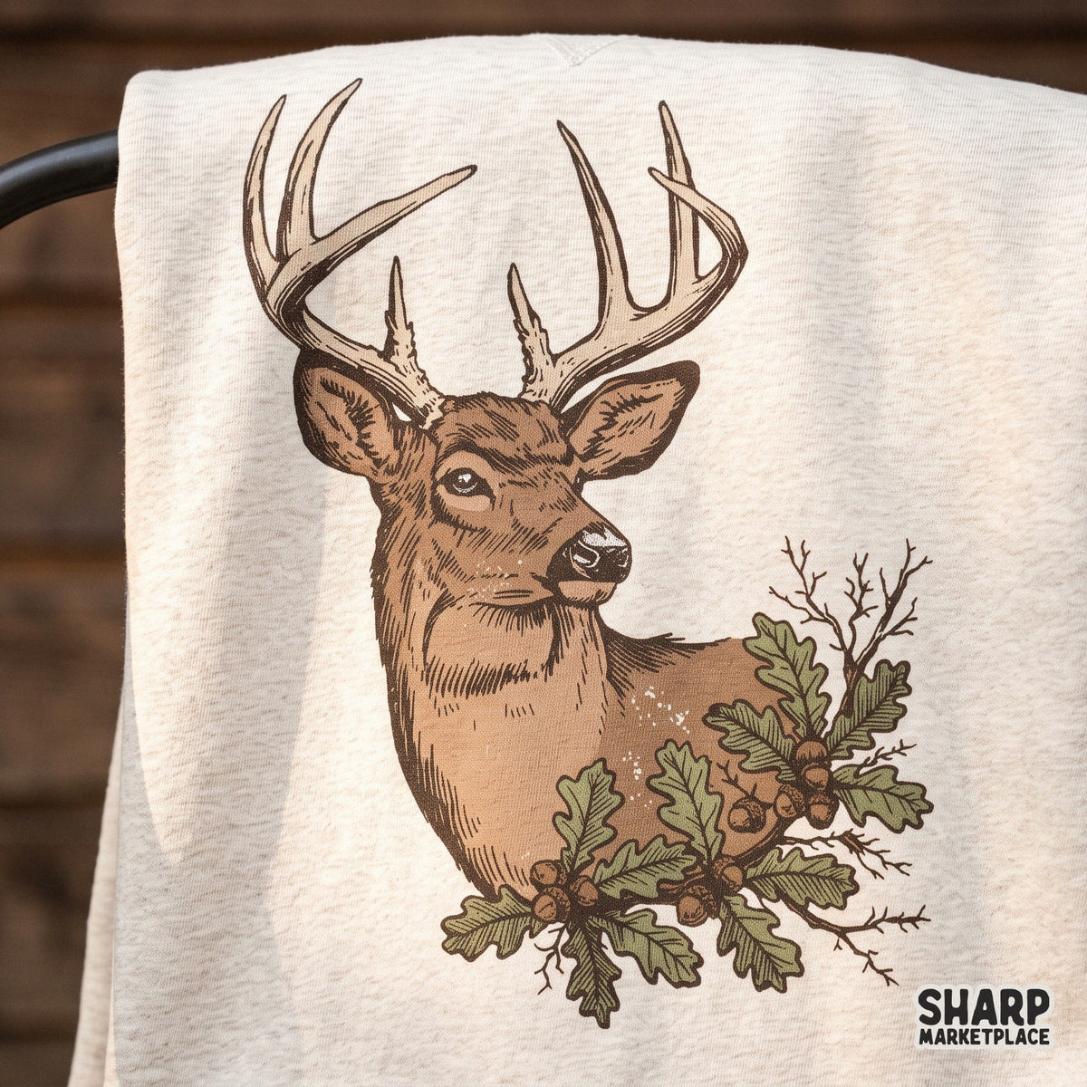 Vintage buck deer head with antlers surrounded by oak leaves and acorns, retro hunting sublimation PNG for fall t-shirts