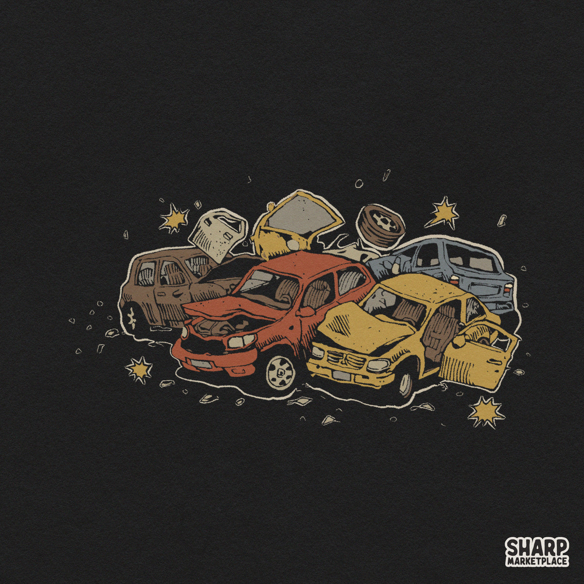 Colorful crushed cars in a junkyard scene retro png design for sublimation t-shirts and apparel