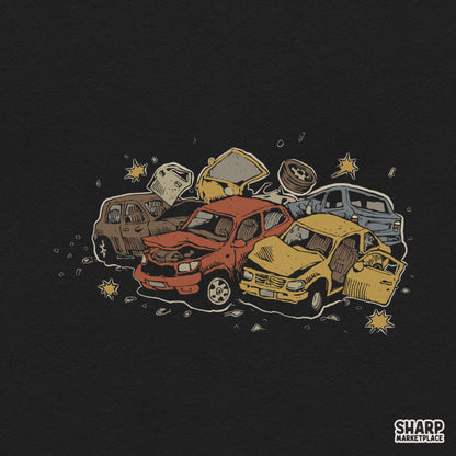 Colorful crushed cars in a junkyard scene retro png design for sublimation t-shirts and apparel