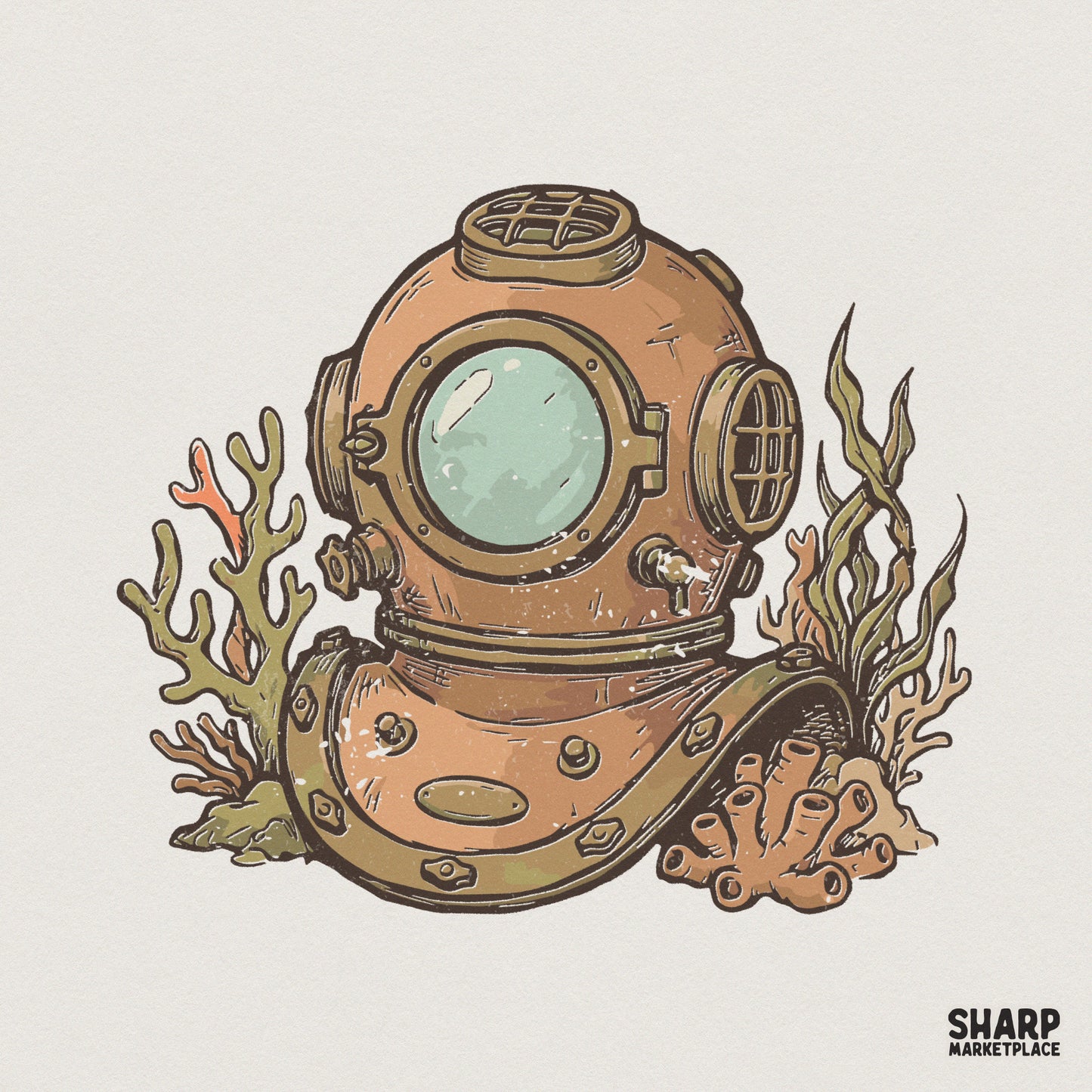 Detailed vintage diving helmet illustration in copper and brass tones, surrounded by textured coral and seaweed for nautical themed DIY projects.