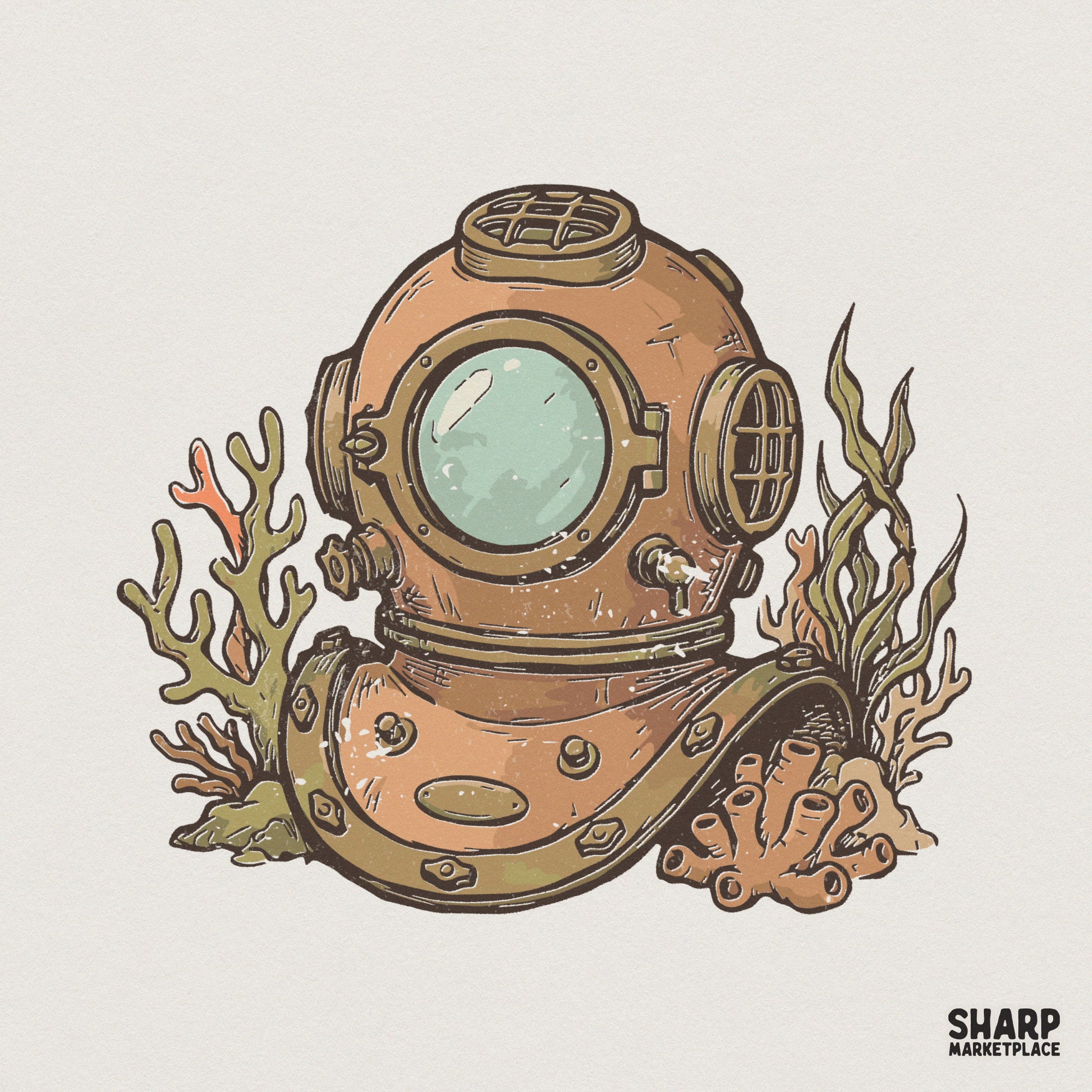 Detailed vintage diving helmet illustration in copper and brass tones, surrounded by textured coral and seaweed for nautical themed DIY projects.