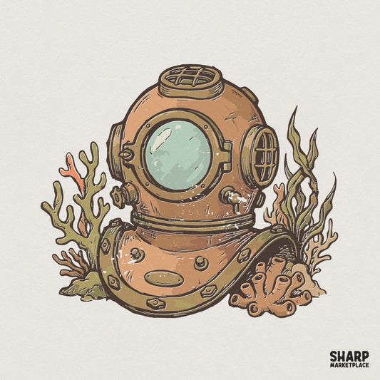 Detailed vintage diving helmet illustration in copper and brass tones, surrounded by textured coral and seaweed for nautical themed DIY projects.