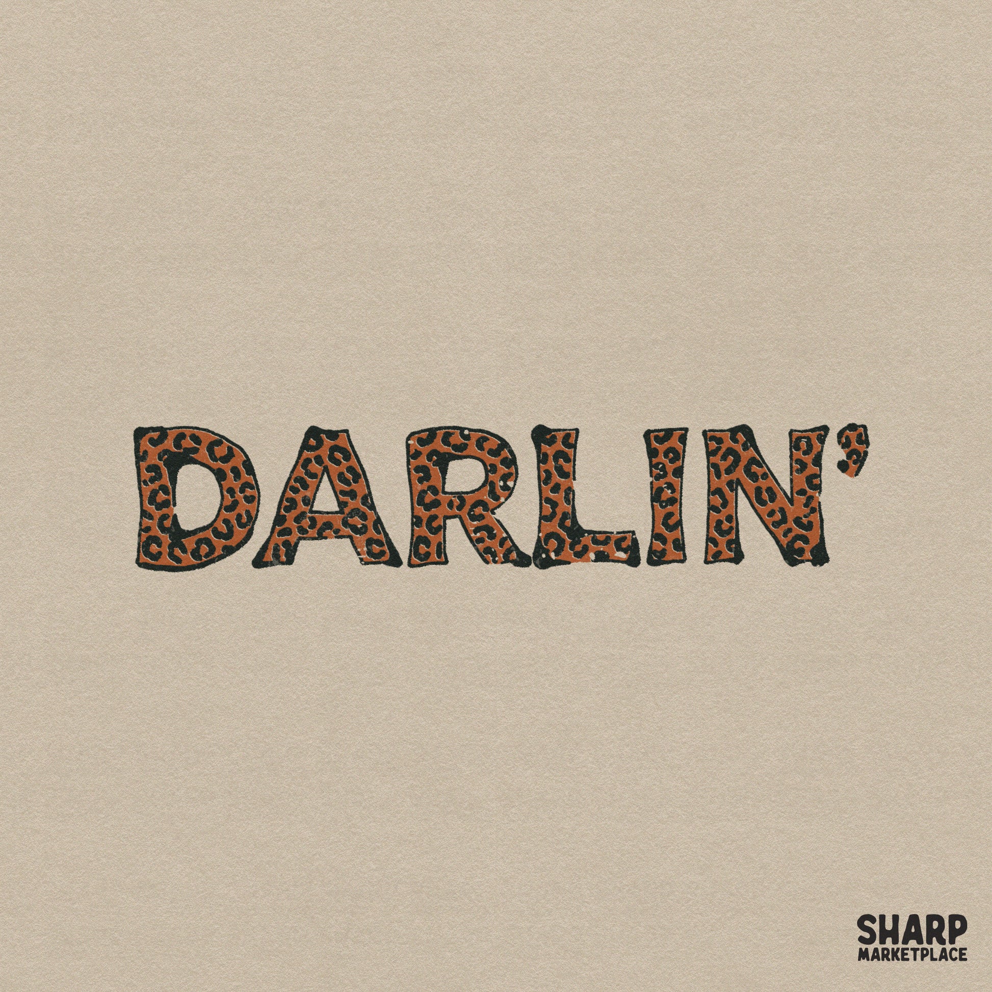 Darlin word art in bold typography with a brown and black leopard print pattern for western themed apparel and sublimation projects.