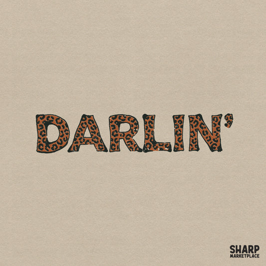 Darlin word art in bold typography with a brown and black leopard print pattern for western themed apparel and sublimation projects.