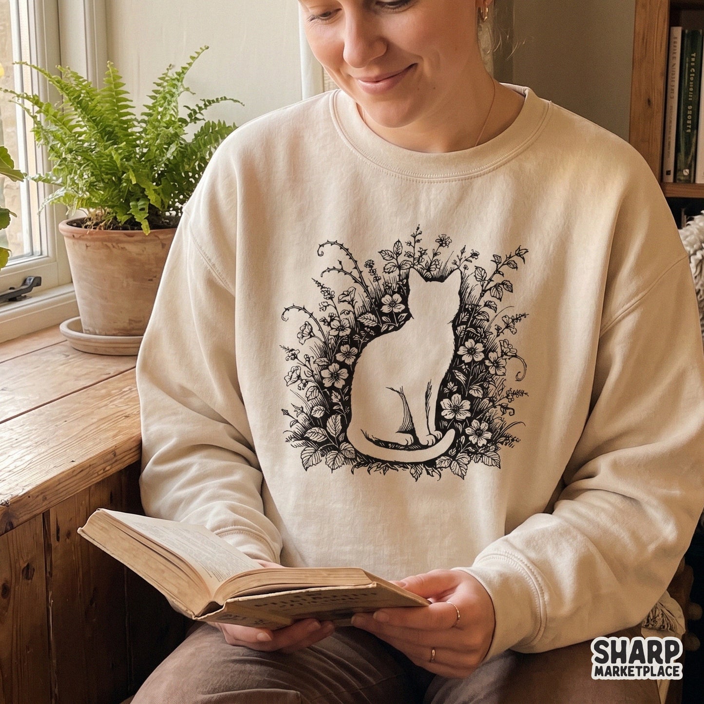 Botanical wildflower cat silhouette sketch retro cottagecore tee png design for sublimation