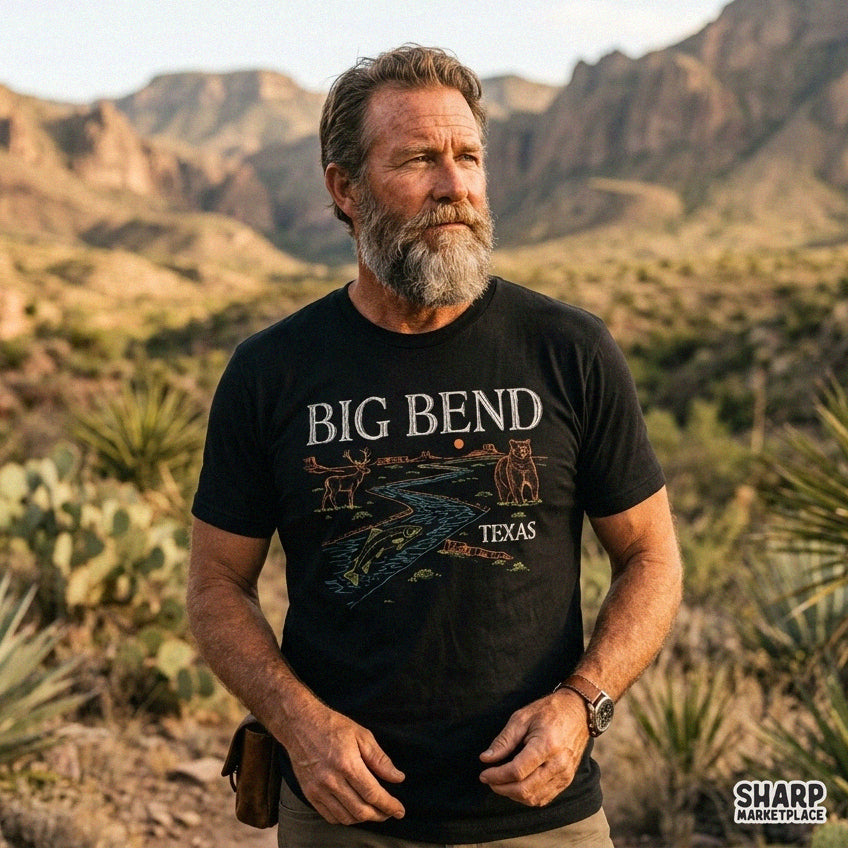 Vintage Big Bend Texas desert scene retro PNG featuring a bear deer and fish for outdoor nature lovers