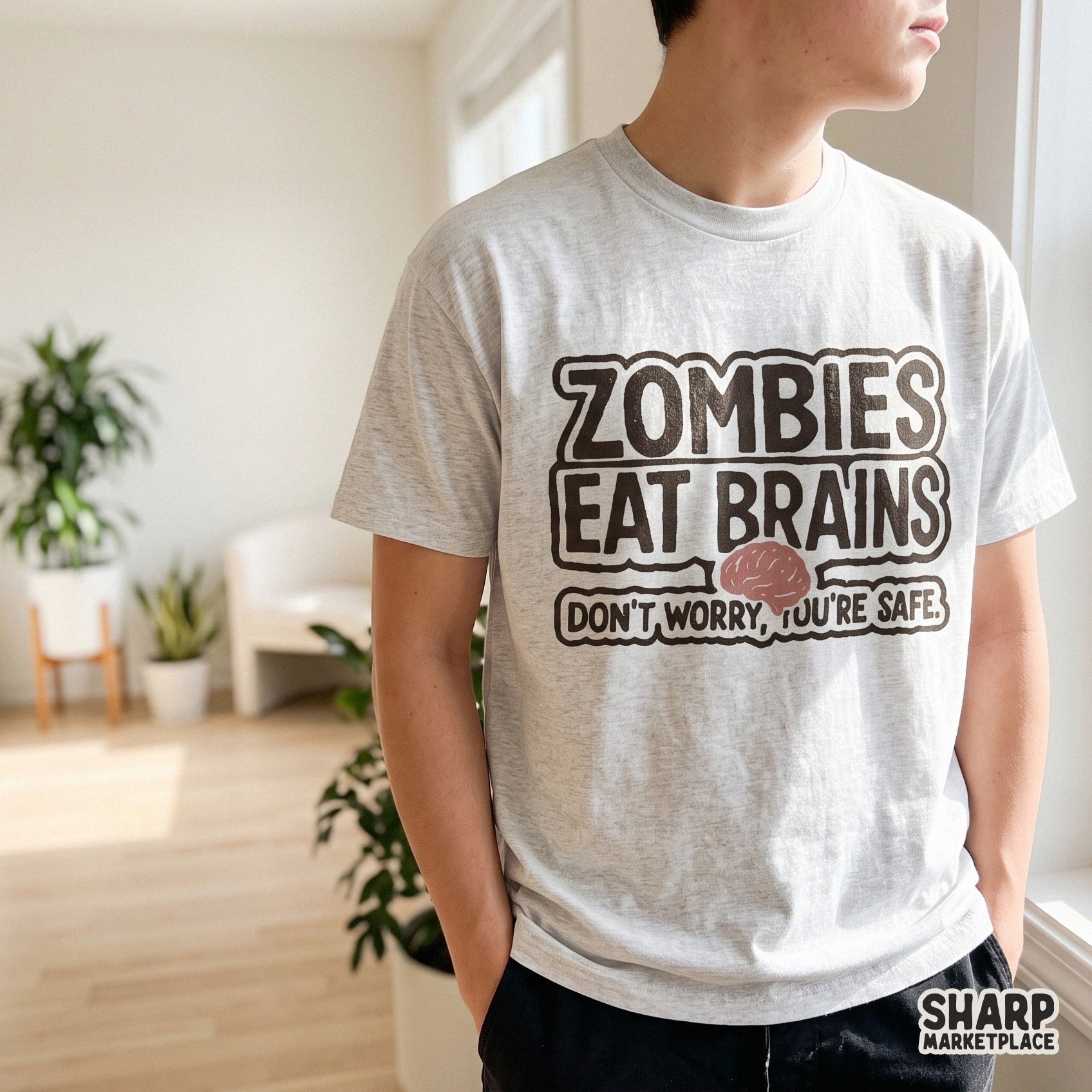 Funny retro zombie brains quote for sarcastic Halloween shirts and sublimation crafts on a transparent PNG background