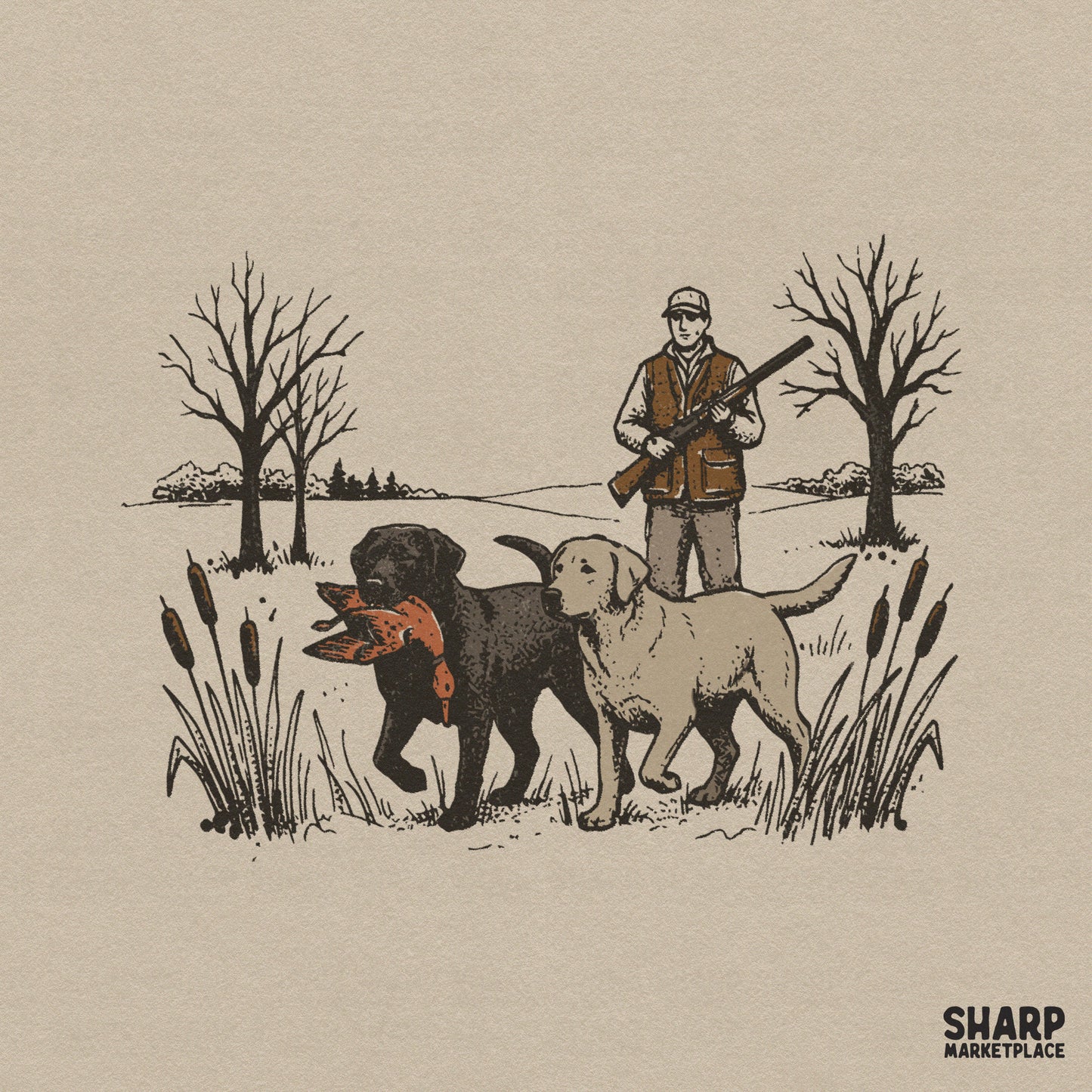 Vintage duck hunting illustration featuring a sportsman with two retriever dogs and a mallard in a marsh, perfect for apparel sublimation.