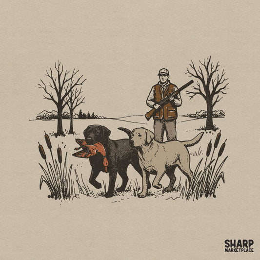 Vintage duck hunting illustration featuring a sportsman with two retriever dogs and a mallard in a marsh, perfect for apparel sublimation.