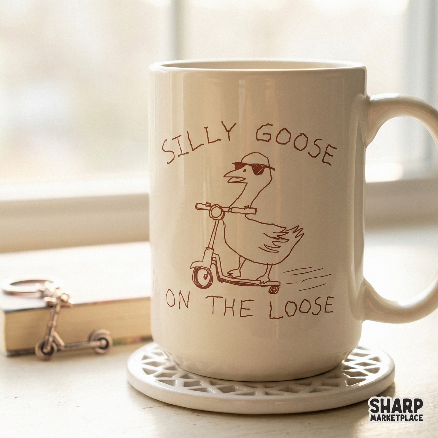 Minimalist sketch of a goose cruising on a scooter with sunglasses and playful lettering, designed as a transparent PNG for stickers and trendy shirts.