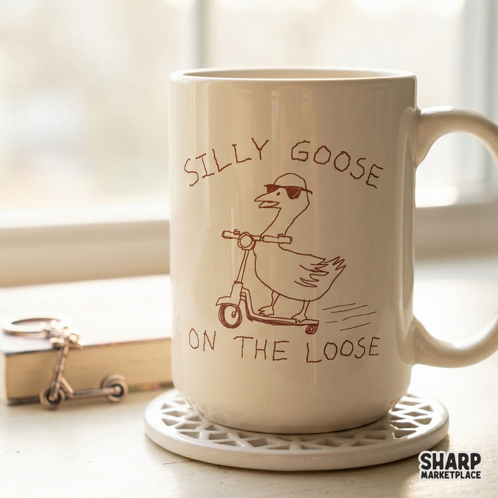 Minimalist sketch of a goose cruising on a scooter with sunglasses and playful lettering, designed as a transparent PNG for stickers and trendy shirts.