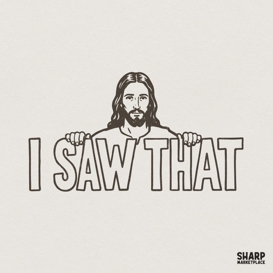 Minimalist line art of a man with long hair peering over the bold block text I Saw That in a monochromatic digital design for apparel.