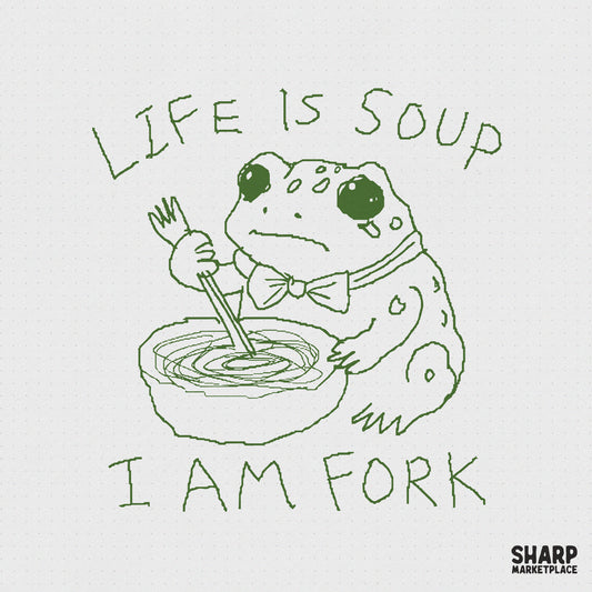 Hand-drawn olive green sketch of a sad frog in a bow tie holding a fork over a bowl of soup with the text Life Is Soup I Am Fork on a grid background.